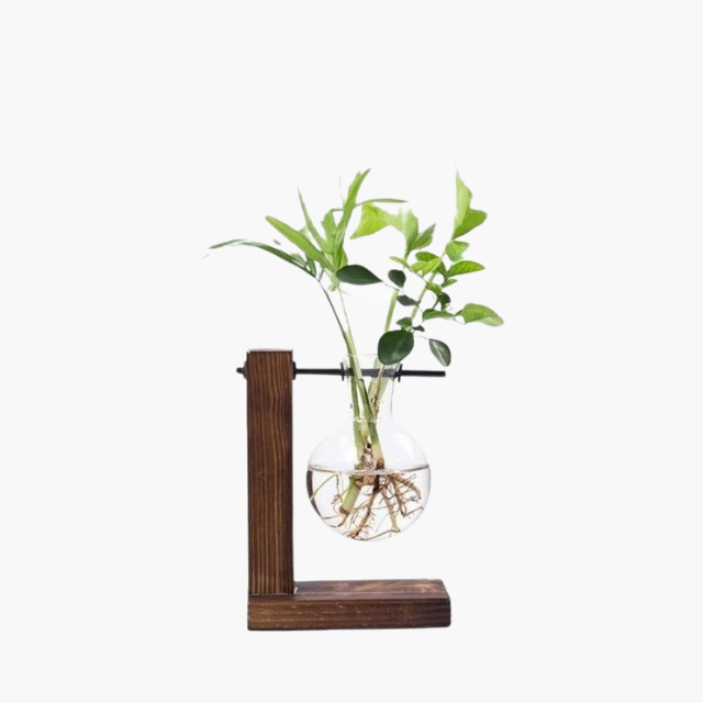 Vaso Vidro 13cm com Suporte Madeira