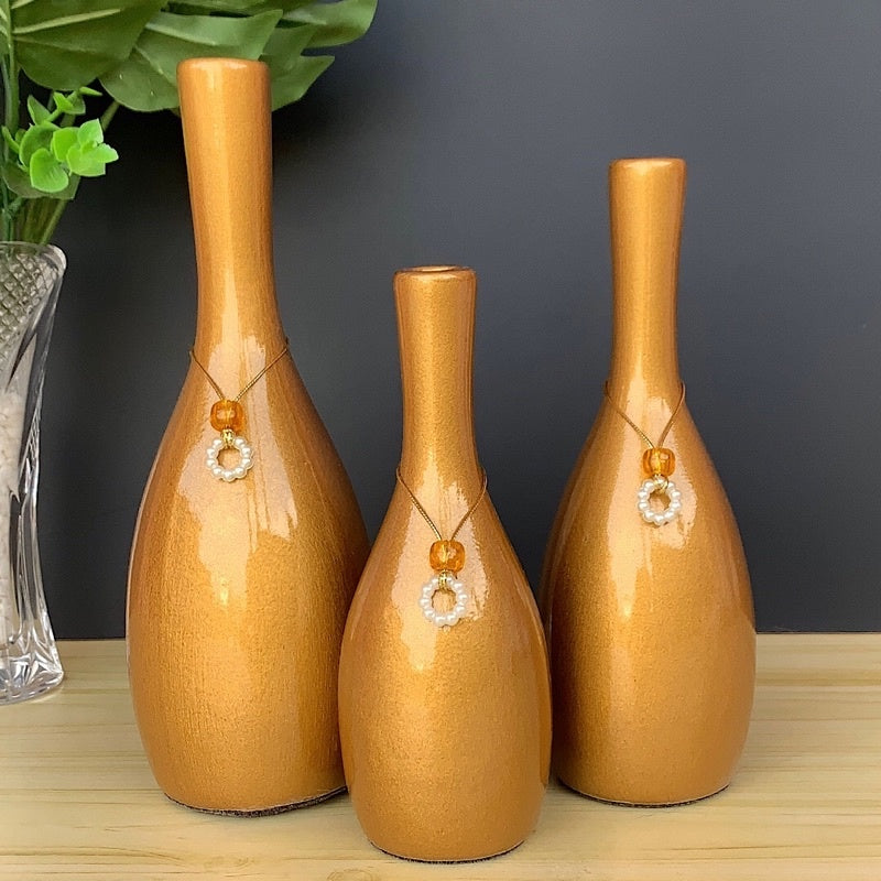 Kit Trio de Vasos Decorativos Premium em Cerâmica - Com Pingentes