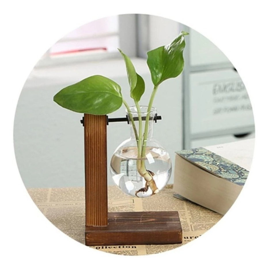 Vaso Vidro 13cm com Suporte Madeira