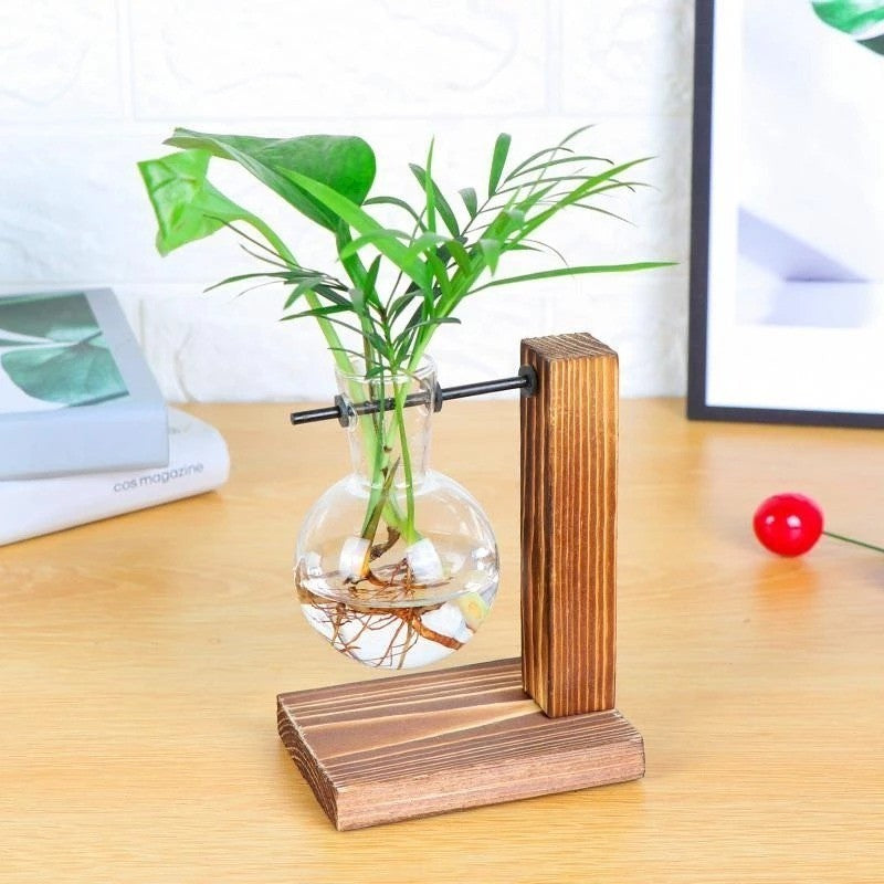 Vaso Vidro 13cm com Suporte Madeira
