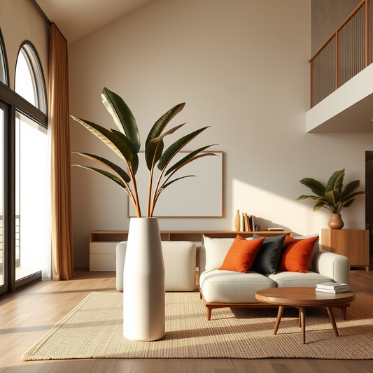 Sala com pé-direito alto: como escolher vaso grande sem exagerar